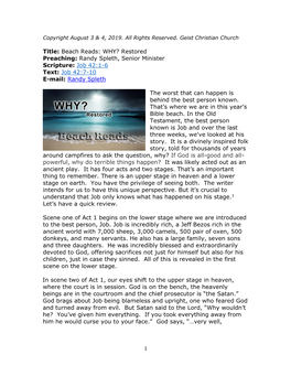 Beach Reads: WHY? Restored Preaching: Randy Spleth, Senior Minister Scripture: Job 42:1-6 Text: Job 42:7-10 E-Mail: Randy Spleth