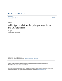 A Possible Hatchet Marlin (Tetrapturus Sp.) from the Gulf of Mexico Paul J