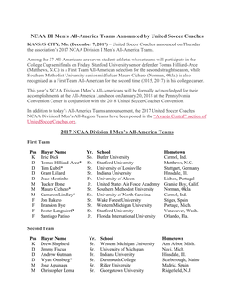 NCAA DI Men's All-America Teams Announced by United Soccer