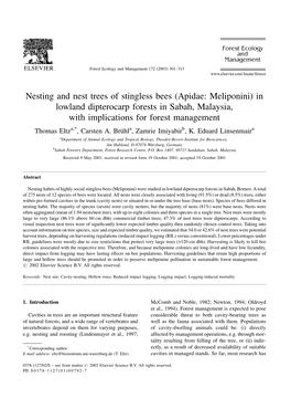 Nesting and Nest Trees of Stingless Bees (Apidae: Meliponini) in Lowland Dipterocarp Forests in Sabah, Malaysia, with Implicatio