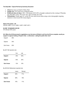 • Client Survation on Behalf of Daily Mail • Sample Size: 1013 Interviews Conducted Online • Fieldwork Dates & Time