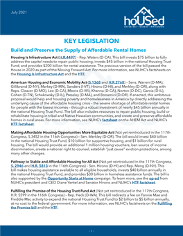 LEGISLATION Build and Preserve the Supply of Affordable Rental Homes Housing Is Infrastructure Act (H.R.4497) – Rep