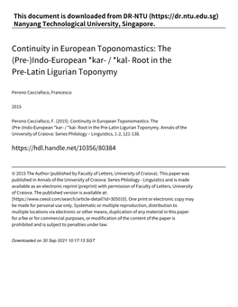 Continuity in European Toponomastics: the (Pre‑)Indo‑European *Kar‑ / *Kal‑ Root in the Pre‑Latin Ligurian Toponymy