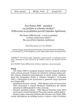 Sieć Natura 2000 – Narzędzie Czy Problem W Ochronie Owadów? Próba Oceny Na Przykładzie Pszczół (Apoidea, Apiformes)