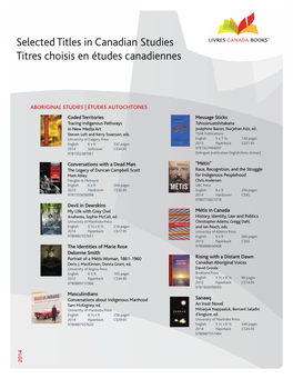 Selected Titles in Canadian Studies Titres Choisis En Études Canadiennes