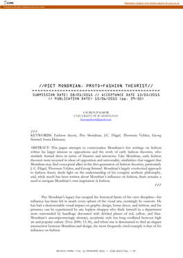 PIET MONDRIAN. PROTO-FASHION THEORIST// ------SUBMISSION DATE: 08/01/2015 // ACCEPTANCE DATE 13/05/2015 // PUBLICATION DATE: 15/06/2015 (Pp