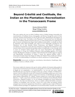 Beyond Créolité and Coolitude, the Indian on the Plantation: Recreolization in the Transoceanic Frame