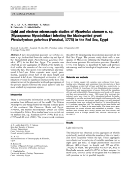 Light and Electron Microscopic Studies of Myxobolus Stomum N. Sp