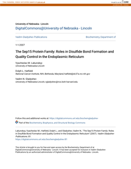 The Sep15 Protein Family: Roles in Disulfide Bond Formation and Quality Control in the Endoplasmic Reticulum Vyacheslav M