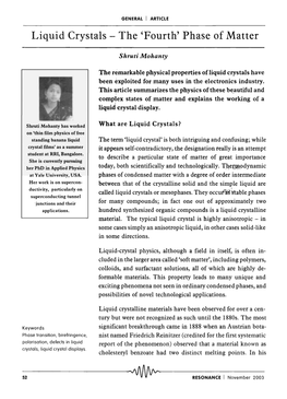 Liquid Crystals - the 'Fourth' Phase of Matter