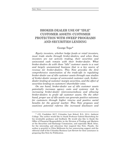 Broker-Dealer Use of “Idle” Customer Assets: Customer Protection with Sweep Programs and Securities Lending