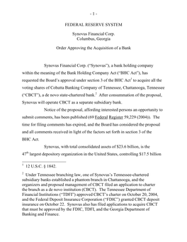Approval of Proposal by Synovus Financial Corp