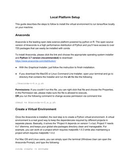 Local Platform Setup Anaconda Create a Virtual Environment