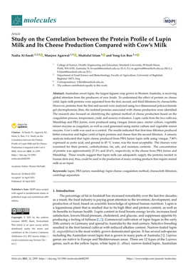 Study on the Correlation Between the Protein Profile of Lupin Milk and Its Cheese Production Compared with Cow's Milk