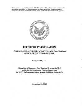 Allegations of Improper Coordination Between the SEC and Other Governmental Entities Concerning the SEC's Enforcement Action Against Goldman Sachs & Co