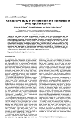 Comparative Study of the Osteology and Locomotion of Some Reptilian Species