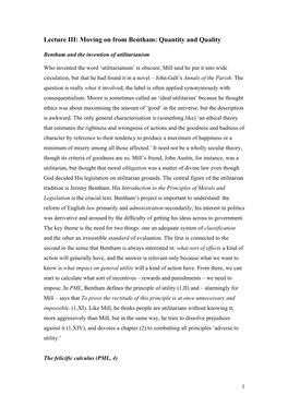 Lecture III: Moving on from Bentham: Quantity and Quality