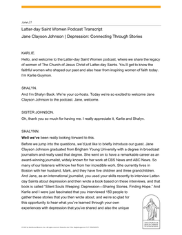 Latter-Day Saint Women Podcast Transcript Jane Clayson Johnson | Depression: Connecting Through Stories