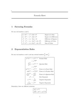 Formula Sheet 1 Factoring Formulas 2 Exponentiation Rules