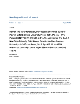 Translation, Introduction and Notes by Barry Powell. Oxford: Oxford University Press, 2014