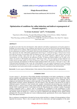 Optimization of Conditions for Callus Induction and Indirect Organogenesis of Cucumis Anguria L