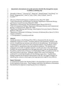 1 Quantitative Determinants of Aerobic Glycolysis Identify Flux Through the Enzyme 1 GAPDH As a Limiting Step 2 3 Alexander a Sh