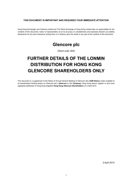 Glencore Plc FURTHER DETAILS of the LONMIN DISTRIBUTION FOR