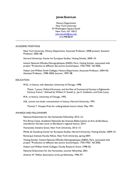 JOHN SHOVLIN History Department New York University 53 Washington Square South New York, NY 10012 John.Shovlin@Nyu.Edu 212-998-8