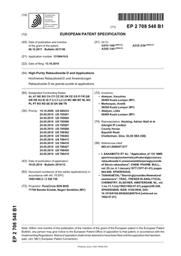 High-Purity Rebaudioside D and Applications Hochreines Rebaudiosid-D Und Anwendungen Rébaudioside D De Grande Pureté Et Applications