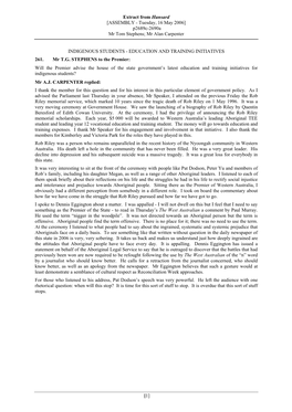 Extract from Hansard [ASSEMBLY - Tuesday, 16 May 2006] P2689c-2690A Mr Tom Stephens; Mr Alan Carpenter