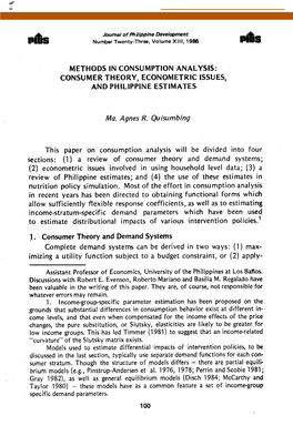 METHODS in CONSUMPTION ANALYSIS: CONSUMERTHEORY, ECONOMETRIC ISSUESI and PHILIPPINE ESTIMATES Ma. Agnes R Quisurnbing This Paper