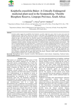 Kniphofia Crassifolia Baker: a Critically Endangered Medicinal Plant Used in the Soutpansberg, Vhembe Biosphere Reserve, Limpopo Province, South Africa