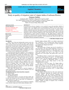 Study on Quality of Irrigation Water of Vijapur Taluka of Mehsana District, Gujarat (India) Limbachiya M.C 1, Patel K.C 1, Nimavat K