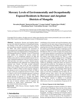 Mercury Levels of Environmentally and Occupationally Exposed Residents in Bornuur and Jargalant Districts of Mongolia