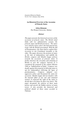 Accession of the States Had Been the Big Issue After the Division of Subcontinent Into Two Major Countries