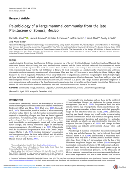 Paleobiology of a Large Mammal Community from the Late Pleistocene of Sonora, Mexico