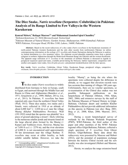 The Dice Snake, Natrix Tessellata (Serpentes: Colubridae) in Pakistan: Analysis of Its Range Limited to Few Valleys in the Western Karakoram