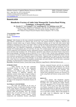 Bimalleolar Fracture of Ankle Joint Managed by Tension Band Wiring Technique: a Prospective Study Dr