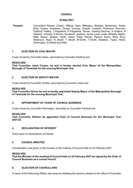 COUNCIL 25 May 2021 Present: Councillors Kitchen (Chair), Affleck