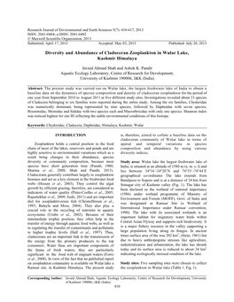 Diversity and Abundance of Cladoceran Zooplankton in Wular Lake, Kashmir Himalaya