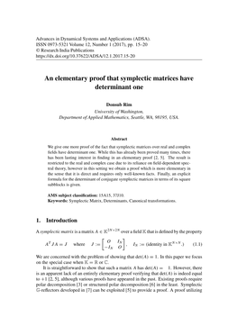 An Elementary Proof That Symplectic Matrices Have Determinant One