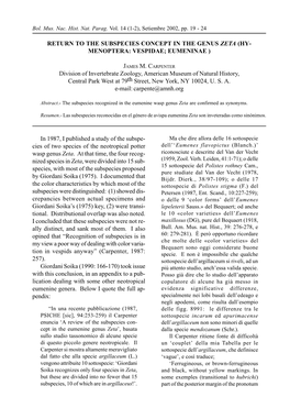 Return to the Subspecies Concept in the Genus Zeta (Hy- Menoptera: Vespidae; Eumeninae )