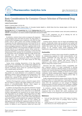 Basic Considerations for Container Closure Selection of Parenteral Drug Products Lakshmi Prasanna Kolluru*