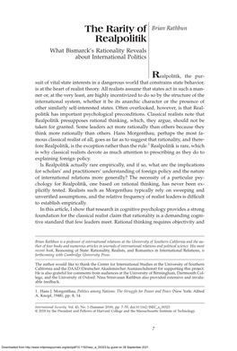 The Rarity of Realpolitik the Rarity of Brian Rathbun Realpolitik What Bismarck’S Rationality Reveals About International Politics