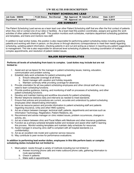 UW HEALTH JOB DESCRIPTION PATIENT SCHEDULING LEAD Job Code: 300056 FLSA Status: Non-Exempt Mgt