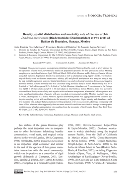 Density, Spatial Distribution and Mortality Rate of the Sea Urchin Diadema Mexicanum (Diadematoida: Diadematidae) at Two Reefs of Bahías De Huatulco, Oaxaca, Mexico