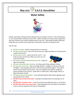 May 2021 S.A.F.E. Newsletter Water Safety