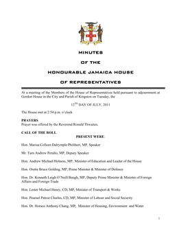 Minutes of the Honourable Jamaica House of Representatives