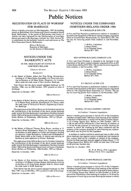 Public Notices REGISTRATION of PLACE of WORSHIP NOTICES UNDER the COMPANIES for MARRIAGE (NORTHERN IRELAND) ORDER 1986 Notice Is Hereby Given That on 20Th September