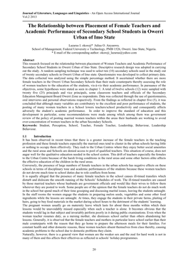 The Relationship Between Placement of Female Teachers and Academic Performnace of Secondary School Students in Owerri Urban of Imo State